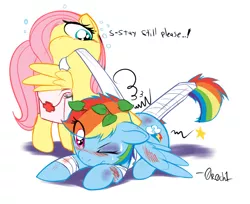 Size: 744x608 | Tagged: safe, artist:0r0ch1, derpibooru import, fluttershy, rainbow dash, pegasus, pony, bandage, blood, blushing, broken tail, bruised, dizzy, duo, female, filly, first aid, foal, injured, mouth hold, one eye closed, prone, rainbow crash, saddle bag, simple background, splint, tail wrap, white background, worried