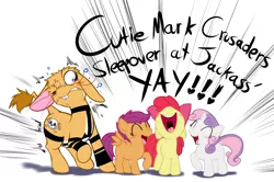 Size: 1188x789 | Tagged: safe, artist:0r0ch1, derpibooru import, ponibooru import, apple bloom, scootaloo, sweetie belle, oc, oc:0r0ch1, oc:jackass, donkey, earth pony, pegasus, pony, unicorn, cutie mark crusaders, donkey oc, female, filly, pale belly