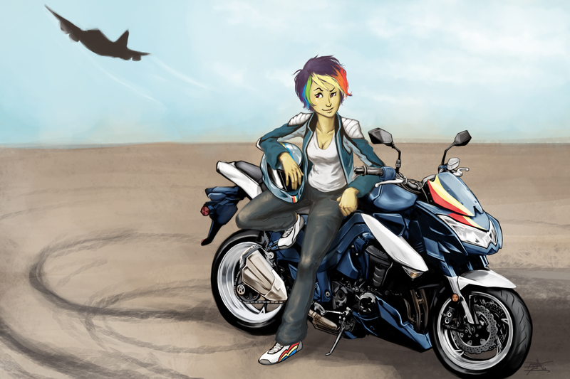 Size: 2400x1600 | Tagged: artist:scorpiordinance, clothes, derpibooru import, female, human, humanized, jacket, jet, leaning, motorcycle, rainbow dash, safe, solo