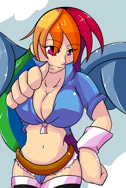Size: 1600x2386 | Tagged: artist:d-xross, belly button, breasts, busty rainbow dash, cleavage, derpibooru import, female, human, human coloration, humanized, midriff, nudity, questionable, rainbow dash, solo, solo female, winged humanization