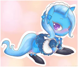 Size: 676x580 | Tagged: safe, artist:levia-tan, derpibooru import, trixie, pony, unicorn, annoyed, blushing, clothes, female, gradient background, maid, mare, prone, solo