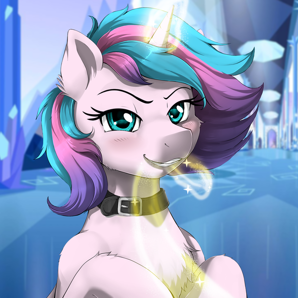 Size: 2000x2000 | Tagged: safe, artist:evomanaphy, edit, editor:v3ga, unauthorized edit, princess flurry heart, alicorn, pony, /mlp/, adult flurry heart, blushing, collar, crystal castle, cute, female, horn glowing, leash, magic leash, mare, solo