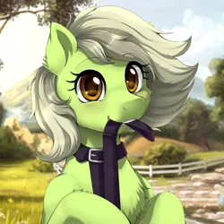 Size: 2000x2000 | Tagged: safe, artist:evomanaphy, edit, editor:v3ga, unauthorized edit, granny smith, earth pony, pony, /mlp/, blushing, collar, cute, female, leash, mare, solo