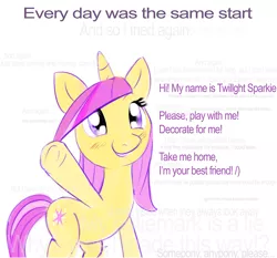 Size: 957x891 | Tagged: safe, artist:tiffortat, oc, oc:twill, bootleg, bootleg oc, bootleg pony, bootleg twilight, feels, female, image, mare, /mlp/, png, raised hoof, simple background, smiling, solo, text, white background