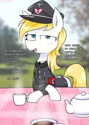 Size: 2480x3508 | Tagged: safe, artist:adarkone, artist:adarkonensfw, derpibooru import, oc, oc:aryanne, unofficial characters only, earth pony, pony, art pack:marenheit 451, /mlp/, blonde, blushing, clothes, cup, dialogue, female, food, hat, image, looking at you, mare, nazi, nazi uniform, offscreen character, outdoors, picnic, png, reichsalicorn, schutzstaffel, solo, swastika, table, tea, teacup, text, uniform