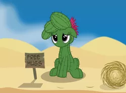 Size: 3028x2238 | Tagged: safe, artist:badumsquish, derpibooru import, oc, oc:ferah, unofficial characters only, cactus pony, monster pony, original species, plant pony, pony, cactus, cute, depressing, desert, dunes, female, flower, flower in hair, free hugs, hair bun, hedgehog's dilemma, hugs needed, mare, plant, puppy dog eyes, road, sad, sadorable, sitting, sky, solo, spikes, tumbleweed