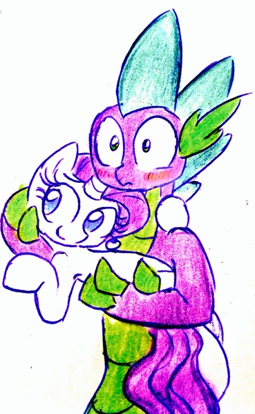 Size: 1190x1936 | Tagged: safe, artist:imarieu, banned from derpibooru, deleted from derpibooru, derpibooru import, rarity, spike, blushing, cute, female, holding, male, older, older spike, shipping, sparity, straight, traditional art