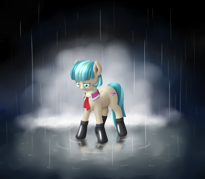 Size: 2000x1750 | Tagged: safe, artist:roxenmage, banned from derpibooru, deleted from derpibooru, derpibooru import, coco pommel, earth pony, pony, boots, missing accessory, rain, shoes, solo