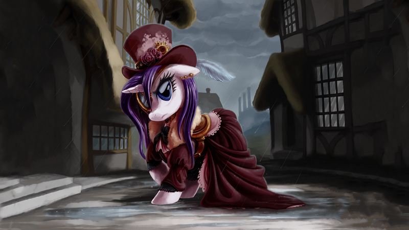 Size: 1920x1080 | Tagged: safe, artist:whitediamonds, banned from derpibooru, deleted from derpibooru, derpibooru import, edit, rarity, clothes, dress, extended version, feather, hat, monocle, rain, saddle, solo, steampunk, tack, wallpaper, wallpaper edit, wet, wet mane