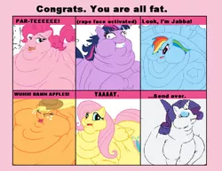 Size: 716x552 | Tagged: safe, banned from derpibooru, deleted from derpibooru, derpibooru import, edit, applejack, fluttershy, pinkie pie, rainbow dash, rarity, twilight sparkle, 6 pony meme, bend over, blob, butt, exploitable meme, fat, fattershy, lordryu fat edit, meme, morbidly obese, obese, rearity