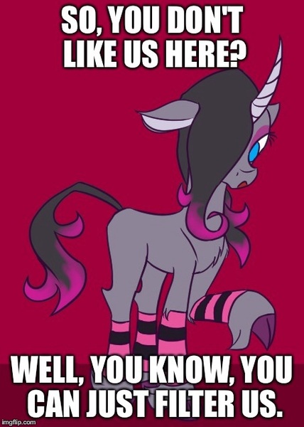 Size: 454x636 | Tagged: safe, artist:thattagen, banned from derpibooru, deleted from derpibooru, derpibooru import, oleander (tfh), classical unicorn, unicorn, them's fightin' herds, caption, clothes, cloven hooves, community related, filters, image macro, leonine tail, meme, meta, socks, text, unshorn fetlocks