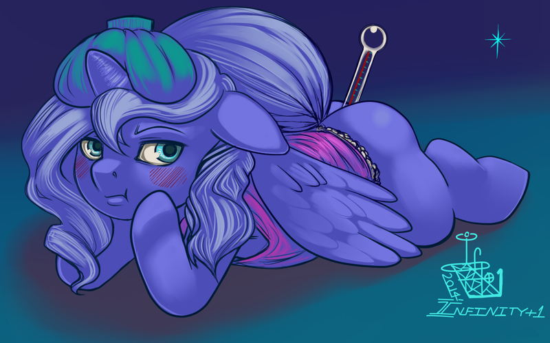 Size: 1312x818 | Tagged: questionable, artist:infinityplus1, banned from derpibooru, deleted from derpibooru, derpibooru import, princess luna, ass, butt, female, foalcon, pouting, solo, solo female, thermometer, underage