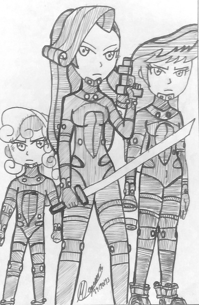 Size: 2260x3458 | Tagged: safe, artist:atisuto17, banned from derpibooru, deleted from derpibooru, derpibooru import, octavia melody, rarity, sweetie belle, equestria girls, anime, crossover, fanart, female, gantz, illustration, japan, monochrome, traditional art