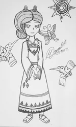 Size: 2465x4133 | Tagged: safe, artist:atisuto17, banned from derpibooru, deleted from derpibooru, derpibooru import, rarity, human, aztec, clothes, dress, female, folklore, huipil, humanized, mayan, mexico, monochrome, traditional art