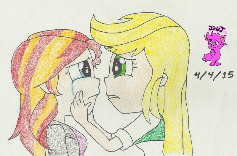 Size: 1024x676 | Tagged: safe, artist:resotii, banned from derpibooru, deleted from derpibooru, derpibooru import, applejack, sunset shimmer, equestria girls, appleshimmer, crying, female, lesbian, looking at each other, shipping, simple background, traditional art