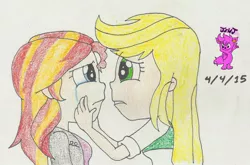 Size: 1024x676 | Tagged: safe, artist:resotii, banned from derpibooru, deleted from derpibooru, derpibooru import, applejack, sunset shimmer, equestria girls, appleshimmer, crying, female, lesbian, looking at each other, shipping, simple background, traditional art