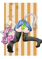 Size: 1602x2266 | Tagged: suggestive, artist:0ryomamikado0, banned from derpibooru, deleted from derpibooru, derpibooru import, opalescence, sweetie belle, human, bent over, body swap, cat ears, cat's delicacy, child, clothes, female, humanized, kitty belle, lolicon, skirt, solo, solo female, stockings, thigh highs, underage