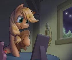 Size: 3101x2550 | Tagged: safe, artist:nauth, banned from derpibooru, deleted from derpibooru, derpibooru import, applejack, earth pony, pony, applejack's parents, bedroom, crying, female, hat, hoof hold, image, jpeg, leaning, mare, picture frame, proud, shooting star, smiling, solo, tears of joy, window