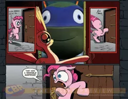 Size: 900x700 | Tagged: safe, banned from derpibooru, deleted from derpibooru, derpibooru import, idw, pinkie pie, exploitable meme, leonardo, meme, nightmare fuel, obligatory pony, surprise door, teenage mutant ninja turtles