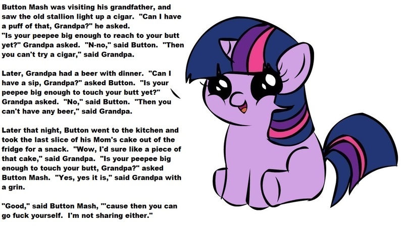 Size: 1194x668 | Tagged: questionable, banned from derpibooru, deleted from derpibooru, derpibooru import, button mash, twilight sparkle, age difference, alcohol, beer, cake, caption, cigar, exploitable meme, female, filly, filly twilight sparkle, filly twilight telling an offensive joke, food, image macro, meme, obligatory pony, solo, text, vulgar, younger