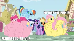 Size: 896x498 | Tagged: safe, artist:guyfuy, banned from derpibooru, deleted from derpibooru, derpibooru import, edit, applejack, fluttershy, pinkie pie, rainbow dash, rarity, twilight sparkle, caption, fat, fattershy, image macro, morbidly obese, obese, shipping, text