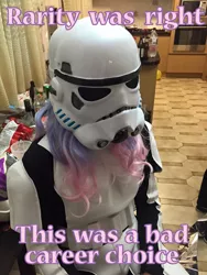 Size: 720x960 | Tagged: safe, banned from derpibooru, deleted from derpibooru, derpibooru import, edit, sweetie belle, human, barely pony related, caption, clothes, cosplay, costume, image macro, irl, irl human, kitchen, meme, photo, star wars, stormtrooper, text
