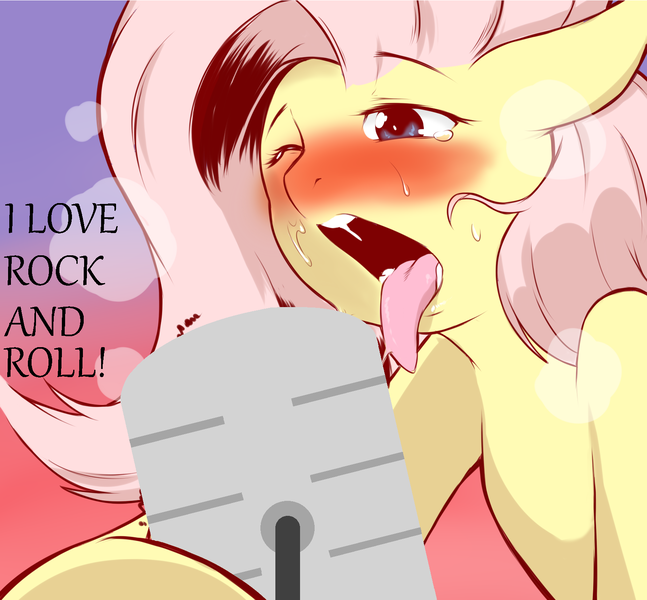 Size: 1600x1483 | Tagged: questionable, artist:cold-blooded-twilight, banned from derpibooru, deleted from derpibooru, derpibooru import, edit, fluttershy, blushing, joan jett, microphone, not porn, sfw edit, singing, sweat, tongue out