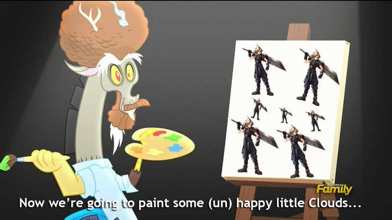 Size: 1280x720 | Tagged: safe, banned from derpibooru, deleted from derpibooru, derpibooru import, screencap, discord, what about discord?, bob ross, cloud strife, discord's painting, exploitable meme, final fantasy, final fantasy vii, meme, obligatory pony, pun, visual pun
