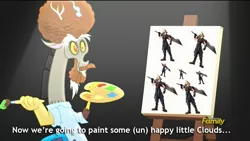 Size: 1280x720 | Tagged: safe, banned from derpibooru, deleted from derpibooru, derpibooru import, screencap, discord, what about discord?, bob ross, cloud strife, discord's painting, exploitable meme, final fantasy, final fantasy vii, meme, obligatory pony, pun, visual pun