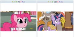 Size: 514x257 | Tagged: suggestive, banned from derpibooru, deleted from derpibooru, derpibooru import, screencap, discord, pinkie pie, twilight sparkle, twilight sparkle (alicorn), alicorn, derpibooru, what about discord?, caption, exploitable meme, image macro, juxtaposition, juxtaposition win, licking, licking lips, meme, meta, petting, reaction image, solo, text, that is my fetish, tongue out