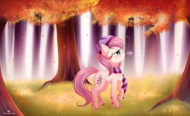 Size: 1142x699 | Tagged: safe, artist:pastelmistress, banned from derpibooru, deleted from derpibooru, derpibooru import, oc, oc:shooting star, unofficial characters only, autumn, clothes, cute, forest, scarf, scenery, solo