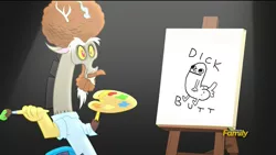 Size: 1280x720 | Tagged: safe, banned from derpibooru, deleted from derpibooru, derpibooru import, edit, screencap, discord, what about discord?, dickbutt, discord's painting, exploitable meme, meme