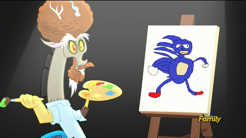 Size: 1280x718 | Tagged: safe, banned from derpibooru, deleted from derpibooru, derpibooru import, discord, what about discord?, discord's painting, exploitable meme, image, meme, png, sanic, sonic the hedgehog, sonic the hedgehog (series)