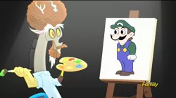 Size: 1280x718 | Tagged: safe, banned from derpibooru, deleted from derpibooru, derpibooru import, discord, what about discord?, bob ross, discord's painting, exploitable meme, luigi, meme, super mario bros., weegee