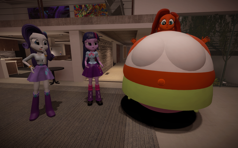 Size: 1024x640 | Tagged: questionable, artist:that-one-dude-guy, banned from derpibooru, deleted from derpibooru, derpibooru import, fluttershy, rarity, twilight sparkle, equestria girls, 3d, fat, flutterrange, food, inanimate tf, inflation, orange, orangified, transformation