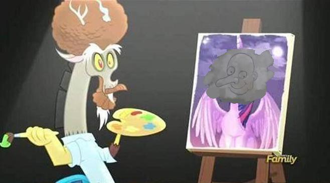 Size: 658x365 | Tagged: safe, banned from derpibooru, deleted from derpibooru, derpibooru import, discord, what about discord?, bob ross, discord's painting, exploitable meme, meme, mr bean