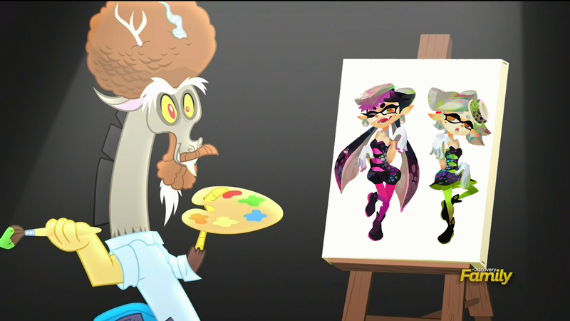 Size: 2000x1125 | Tagged: safe, banned from derpibooru, deleted from derpibooru, derpibooru import, discord, what about discord?, callie, discord's painting, exploitable meme, marie, meme, obligatory pony, splatoon