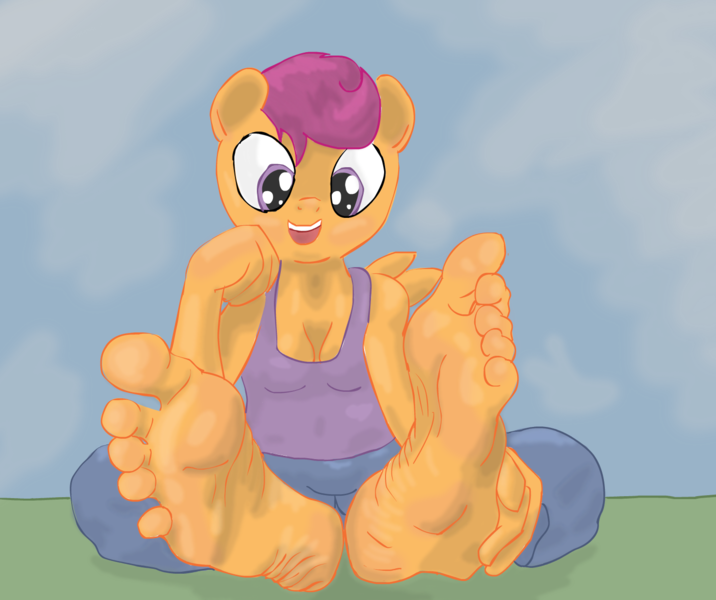 Size: 1469x1231 | Tagged: safe, artist:miles-valentine, banned from derpibooru, deleted from derpibooru, derpibooru import, scootaloo, anthro, plantigrade anthro, barefoot, feet, fetish, foot fetish, soles