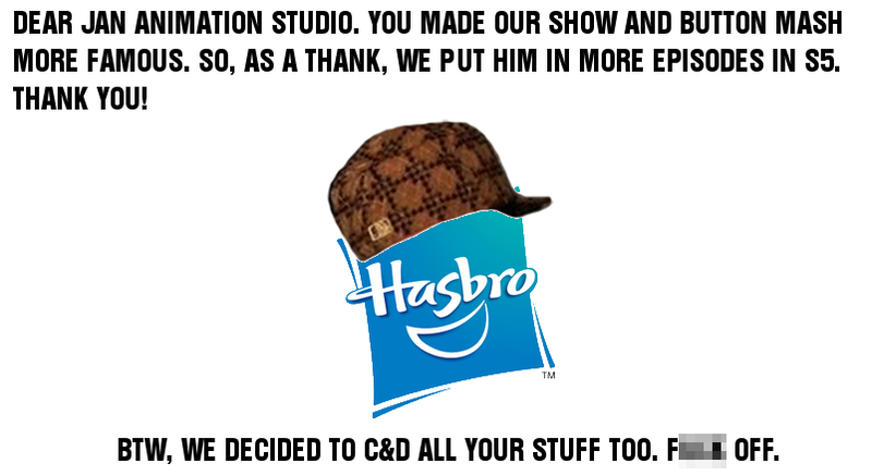 Size: 803x439 | Tagged: safe, banned from derpibooru, deleted from derpibooru, derpibooru import, button mash, season 5, background pony strikes again, cease and desist, cease and desist drama, hasbro, hat, jan animations, scumbag hat