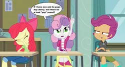 Size: 1545x832 | Tagged: suggestive, artist:ohohokapi, banned from derpibooru, deleted from derpibooru, derpibooru import, edit, apple bloom, scootaloo, sweetie belle, equestria girls, classroom, clothes, cutie mark crusaders, desk, facepalm, implied foalcon, implied sex, meme, school, stupid question, sweetie fail, sweetie's question meme, sweetiedumb, young