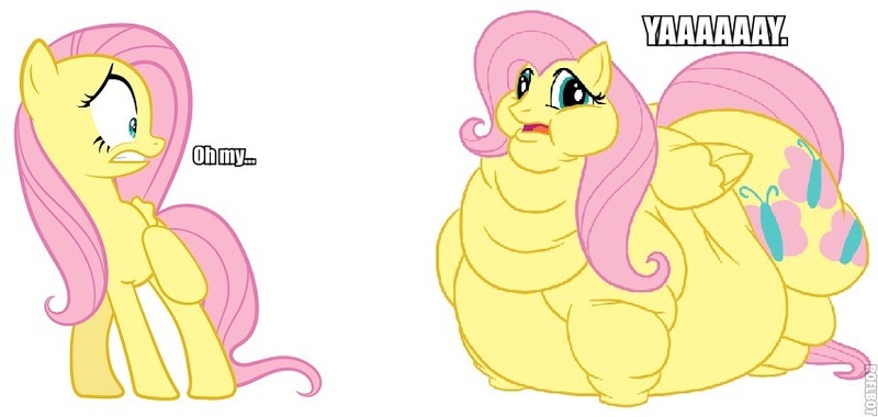 Size: 850x404 | Tagged: safe, banned from derpibooru, deleted from derpibooru, derpibooru import, edit, fluttershy, butt, caption, comparison, fat, fattershy, image macro, lordryu fat edit, morbidly obese, normal vs fat, obese, plot, text, yay