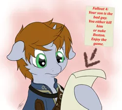 Size: 2296x2080 | Tagged: safe, artist:ethaes, banned from derpibooru, deleted from derpibooru, derpibooru import, edit, oc, oc:littlepip, fallout equestria, background pony strikes again, barely pony related, clothes, confused, downvote bait, fallout, fallout 4, littlepip reads a spoiler, obligatory pony, shitposting, spoiler, spoilers for another series, text, trolling, vault suit