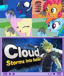 Size: 783x920 | Tagged: safe, banned from derpibooru, deleted from derpibooru, derpibooru import, babs seed, fluttershy, princess luna, rainbow dash, cloud strife, exploitable meme, final fantasy, final fantasy vii, meme, obligatory pony, super smash bros., tv meme