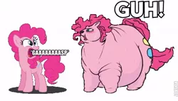 Size: 590x335 | Tagged: safe, artist:stonershy, banned from derpibooru, deleted from derpibooru, derpibooru import, edit, pinkie pie, belly, comparison, fat, lordryu fat edit, morbidly obese, normal vs fat, obese, sweat