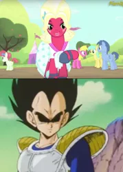 Size: 466x651 | Tagged: safe, banned from derpibooru, deleted from derpibooru, derpibooru import, big macintosh, blues, cherry berry, noteworthy, rainberry, sunshower raindrops, brotherhooves social, caption, crossdressing, dragon ball z, dragonball z abridged, image macro, imminent death, meme, orchard blossom, text, vegeta