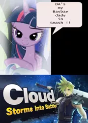 Size: 620x864 | Tagged: safe, banned from derpibooru, deleted from derpibooru, derpibooru import, screencap, twilight sparkle, alicorn, the hooffields and mccolts, cloud strife, final fantasy, final fantasy vii, obligatory pony, solo, super smash bros., twilight sparkle (alicorn)