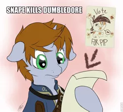 Size: 662x600 | Tagged: safe, artist:ethaes, banned from derpibooru, deleted from derpibooru, derpibooru import, edit, pipsqueak, oc, oc:littlepip, fallout equestria, clothes, confused, exploitable meme, fallout, littlepip reads a spoiler, meme, mouthpiece, obligatory pony, parody, snape kills dumbledore, spoiler, spoilers for another series