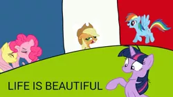 Size: 1280x720 | Tagged: safe, artist:applejackfkingsucks, banned from derpibooru, deleted from derpibooru, derpibooru import, applejack, fluttershy, pinkie pie, rainbow dash, rarity, twilight sparkle, female, flag, flutterpie, france, lesbian, mane six, shipping