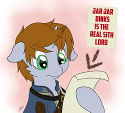 Size: 2296x2080 | Tagged: safe, artist:ethaes, banned from derpibooru, deleted from derpibooru, derpibooru import, oc, oc:littlepip, fallout equestria, caption, fallout, fallout 4, fan theory, image macro, jar jar binks, littlepip reads a spoiler, meme, sith, solo, star wars, text