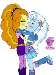 Size: 1024x1356 | Tagged: safe, artist:resotii, banned from derpibooru, deleted from derpibooru, derpibooru import, adagio dazzle, trixie, equestria girls, blushing, eyes closed, female, hug, kissing, lesbian, shipping, triagio, watermark